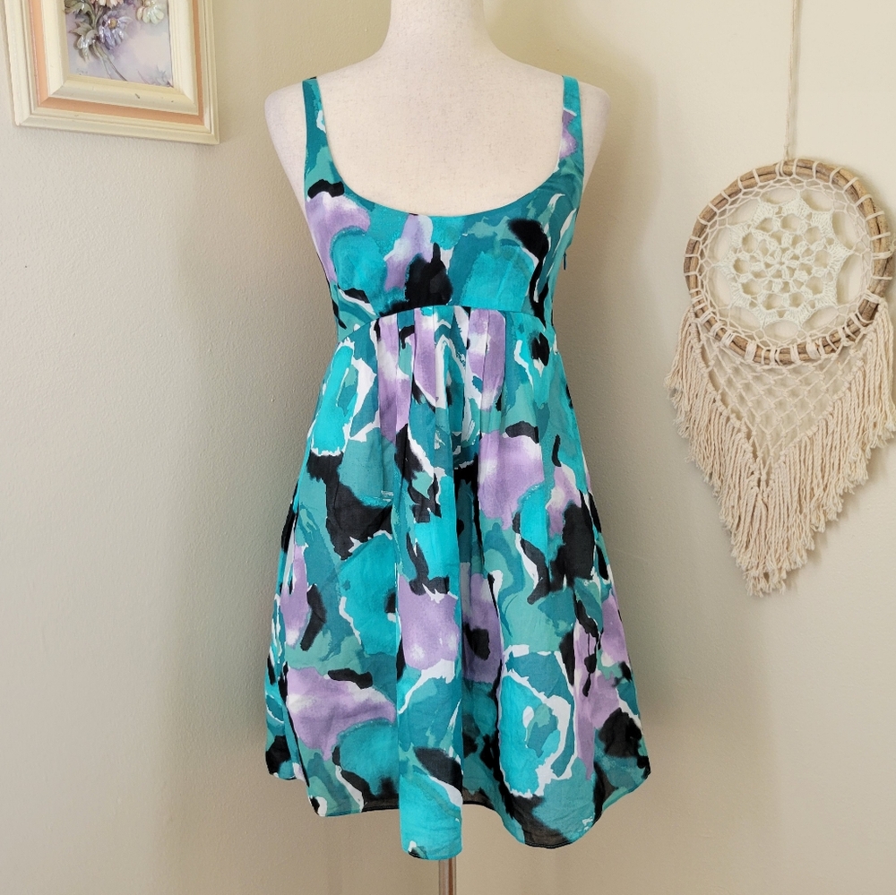 Susana Monaco | Teal Watercolor Floral Flare Mini Dress